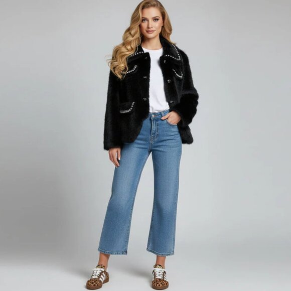 Custom Jackets & Blazers - Fur coat with rhinestone trim and bow accents